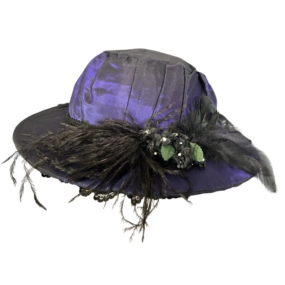 Lush Antique Hat Victorian 1880's Purple Iridescent  Lace Millinery  Flowers